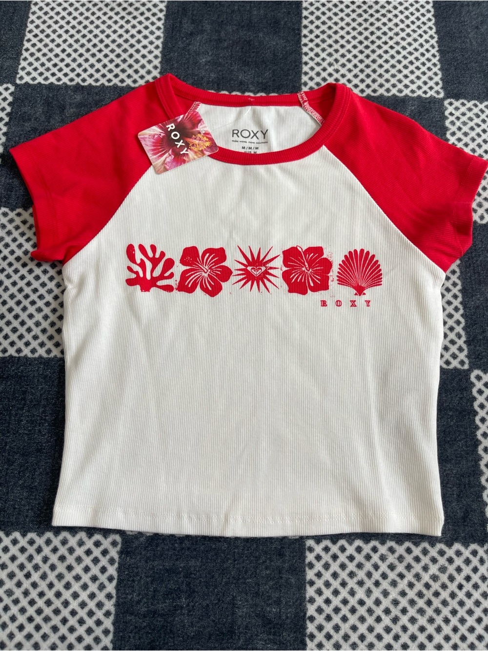 Roxy White Tee with Red Raglan Sleeves and Floral Shell Graphic